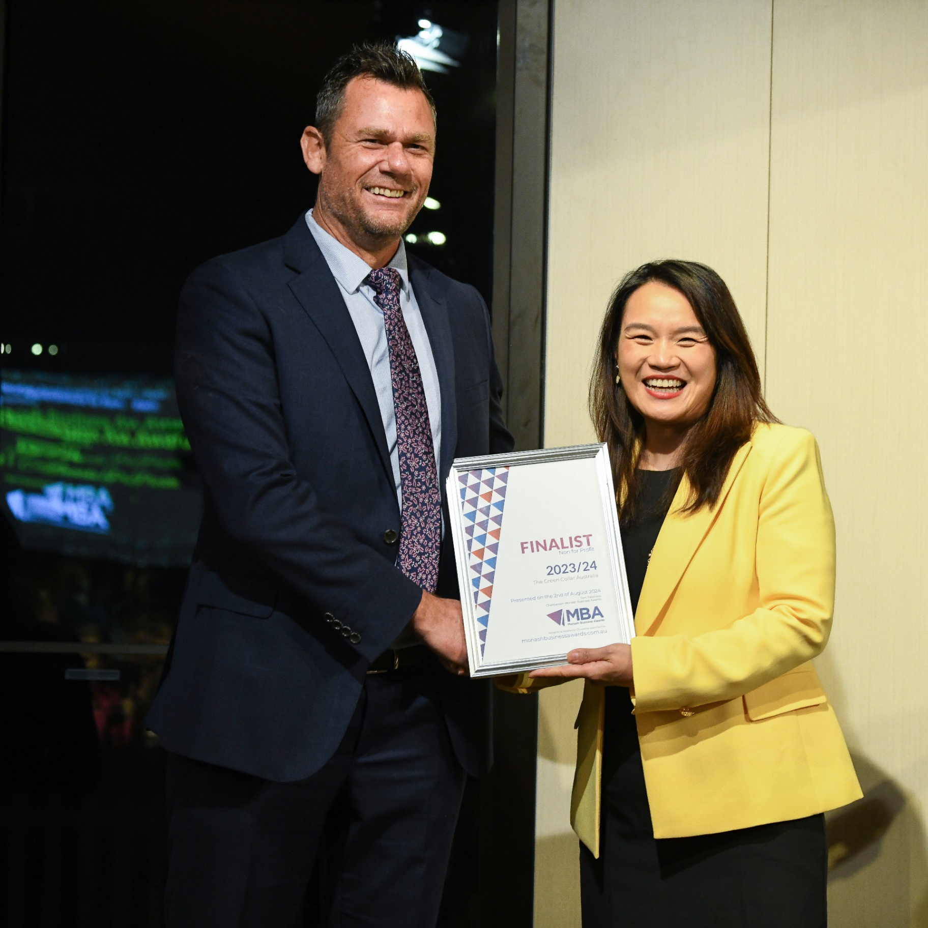 Stu accepting the 2023/24 Non-for-Profit Finalist plaque at the MBAs
