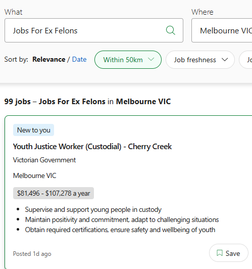 Screenshot of a Jora job search for 'Jobs For Ex Felons' in Melbourne VIC